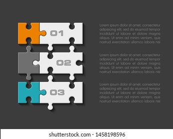 Three sided 3d round puzzle presentation. Abstract puzzle infographic template explanatory text business statistic. Vector 3 pieces puzzles illustration. Section four circle compare service banner