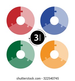 Three sided flat monocolor puzzle presentation infographic charts isolated on white background. Vector graphic template.