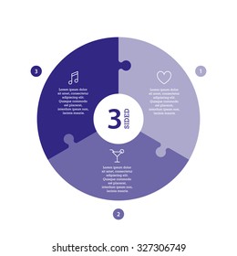 Three sided flat monocolor puzzle presentation infographic chart. Numbered with icons and explanatory text isolated on white background. Vector graphic template.