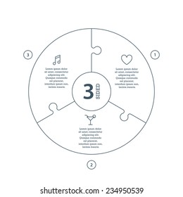 Three sided, numbered flat line puzzle presentation infographic chart with explanatory text field isolated on white background. Vector graphic template.