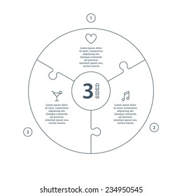 Three sided, numbered flat line puzzle presentation infographic chart with explanatory text field isolated on white background. Vector graphic template.