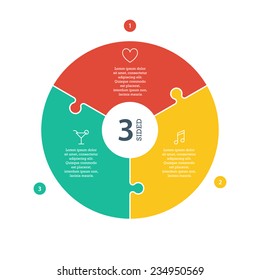 Three sided, numbered flat rainbow spectrum colored puzzle presentation infographic chart with explanatory text field isolated on white background. Vector graphic template.
