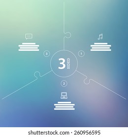 Three sided, numbered gradient puzzle presentation infographic chart with explanatory text field. Vector graphic template.