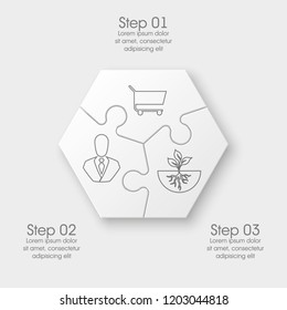 Three sided round puzzle presentation. Abstract puzzle infographic template explanatory text field for business statistics. Vector 3 pieces puzzles illustration. Section three compare service banner