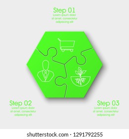 Three sided round puzzle presentation. Abstract puzzle infographic template explanatory text field for business statistics. Vector 3 pieces puzzles illustration. Section three compare service banner