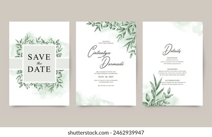 Three sided wedding invitation template set with green leaves