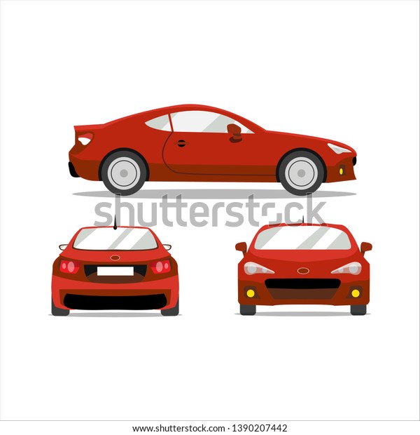 Three Sides Car Model. Vector isolated Graphic\
Design Element Illustration Icon. Car, transport, vehicle,\
transportation. Flat, simple, clear style. Front, side, behind.\
Family car, corporation car.\

