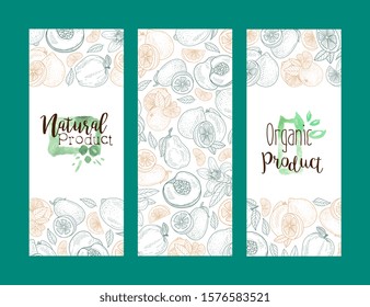 Three sides of vertical flyers for organic products. Vector illustration.