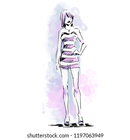 Three silhouette of fashionable models standing on catwalk. Fashion free hand illustration. Vector watercolor drawing