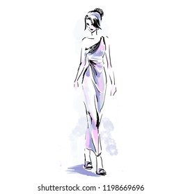 Three silhouette of fashionable models standing on catwalk. Fashion free hand illustration. Vector watercolor drawing