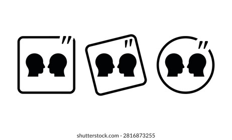 Three silhouette icons depict two people in framed and circular formats with speech bubbles