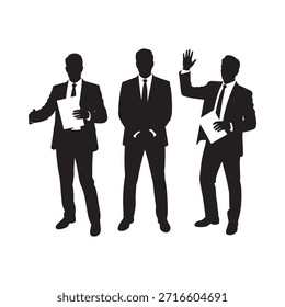 Tres hombres de negocios siluetados vestidos con trajes haciendo gestos y sosteniendo documentos que representan el liderazgo y la colaboración