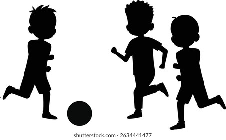 Três crianças silhuetadas jogando futebol, correndo e chutando uma bola