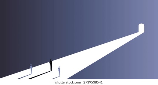 Three silhouetted figures walk on a bright, illuminated path towards a distant light source or exit, symbolizing guidance, opportunity, and the journey forward through darkness.