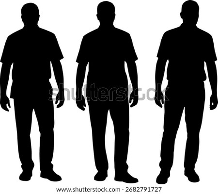Three silhouetted men standing side-by-side in casual attire and full body view vector