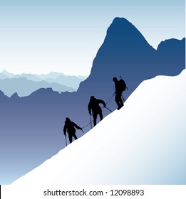 Three silhouetted mountaineers descending a ridge in the French Alps with Mont Blank in the background