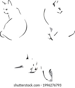 Three silhouettes of cats. Drawing of sitting and sleeping cats, cute vector illustration. Animals icons minimalistic design in contour lines