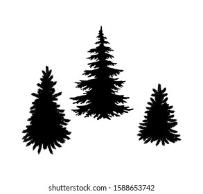 three silhouettes of Christmas trees. Without background, isolated