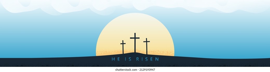 Three silhouettes of the Cross and sunrise. Feast of the Resurrection of Jesus Christ. 