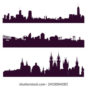 Three silhouettes of different cities