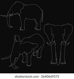Three silhouettes of elephants are shown on a black background. The first elephant is standing upright, the second is bending over, and the third is leaning to the side