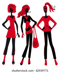 three silhouettes of fashionable girls on a white background