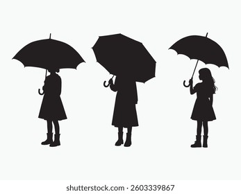 Three silhouettes of girls with umbrellas and boots in black and white, isolated on a white background.