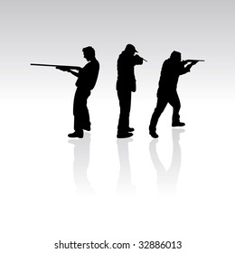 three silhouettes with guns, vector illustration