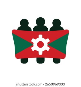 Three silhouettes holding a red green flag with a gear symbol on Revolucion Mexicana