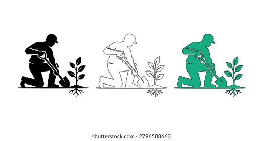 Three silhouettes of a man kneeling and planting a small tree with leaves and roots