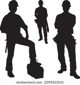 Three silhouettes of men with helmets and one has the word construction on it.