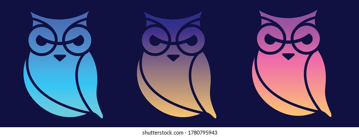 Three silhouettes of owls with different gradients, blue, purple and orange.