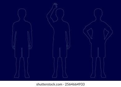 Three silhouettes of people are standing in a blue background. The first person is looking up, the second person is looking down, and the third person is looking to the right. Scene is somewhat somber