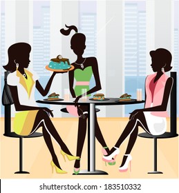 Three silhouettes in retro style sitting in a beautiful restaurant