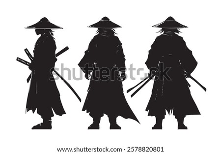 Three silhouettes of samurai warriors with swords