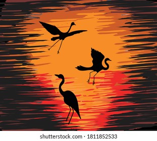 Three silhouettes of storks with colorful orange and red sunset in background. Vector