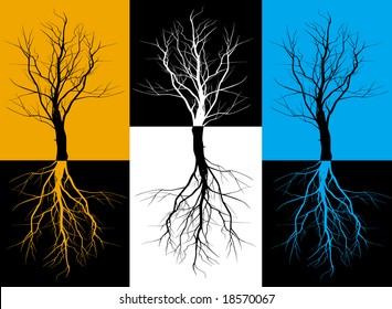Three silhouettes of trees with roots
