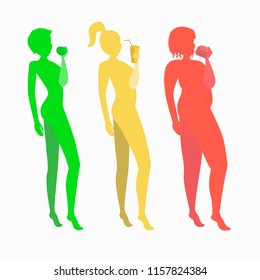 three silhouettes of women of different fitness levels, healthy eating concept, consequences of unhealthy eating