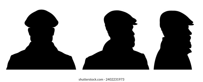 Three silhouettes of young bearded man wearing flat cap in front, in three-quarter and in profile views.  