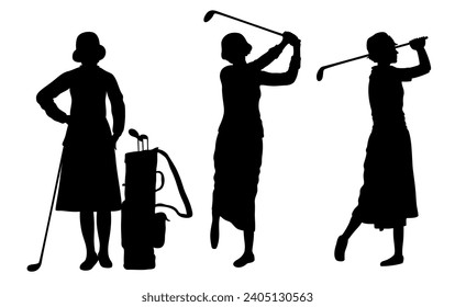 Three silhouettes of young female golfers in thirties clothes. 