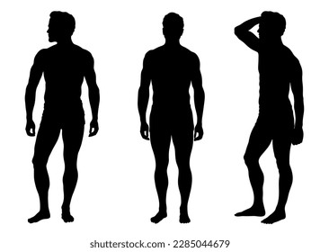 Three silhouettes of young handsome men with athletic body. Standing shirtless men in different poses wearing shorts.