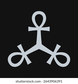 Three silver, black ankh cross symbols. A hieroglyph originating from Ancient Egypt that represents life, immortality and reincarnation.