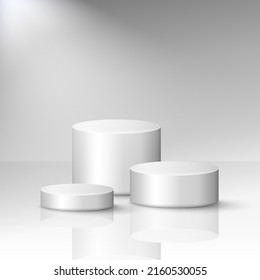Three silver stages with spotlight. 3d rendering big, medium and small platforms. Vector modern pedestal template for product presentation or podiums for trophy. White scene, dais, showcase mockup.