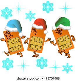 Three SIM cards go in santa outfit on a background of snowflakes
