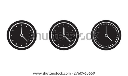 Three simple analog clock faces with different hour and minute hand positions on white background clocks with hour and minute hands time icons