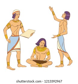 Three simple ancient Egyptians. Vector stylized color isolated image.