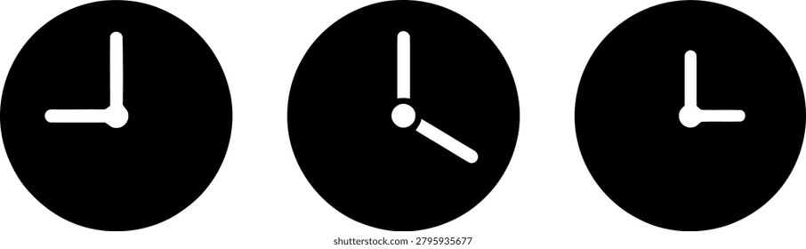 Three simple black clock icons with white hands indicating different times, set against a plain white background.