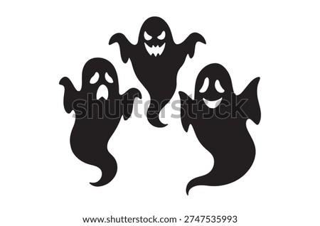 Three simple black ghost shapes with cheerful expressions float on a clean white backdrop.