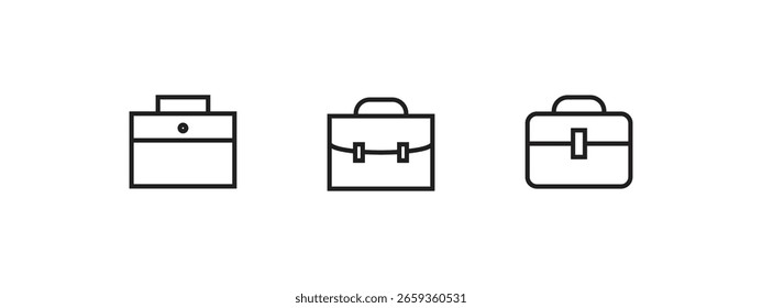Three simple black line art briefcase icons varying in design with handles and closure details set against a white backdrop