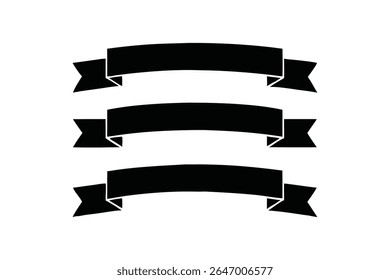 Three Simple Black Ribbon Banners:  Elegant, Minimalist Vector Illustration, Perfect for Website Design, Branding, and Award Ceremony Invitations, Offering a Clean and Sophisticated Aesthetic.